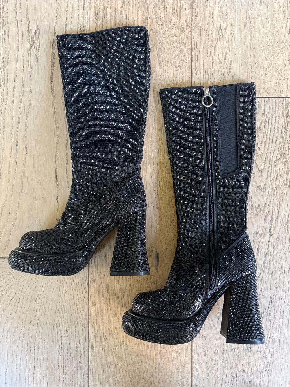 Black Sparkle Platform Knee-High Heeled Boots